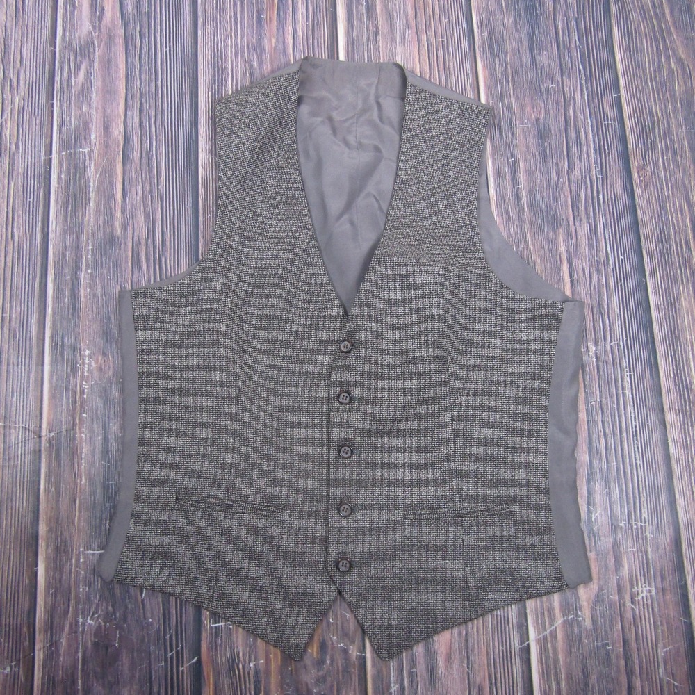 Suit Vest Mens 40 Gray Check‎ Tweed 3 Piece Waistcoat 5-Button Classic Formal